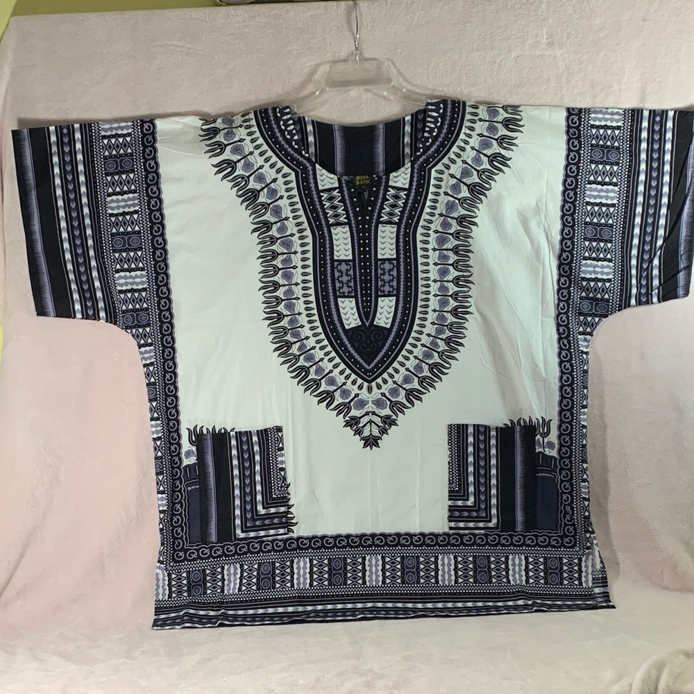 White, Black and Purple Dashiki Short Sleeve Shirt
